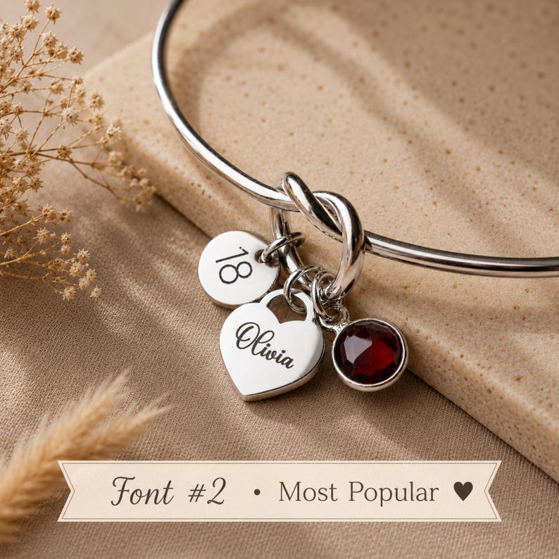 18th Birthday Gift for Her — Personalised Name Milestone Keepsake, Silver Knot Bangle Bracelet image 8