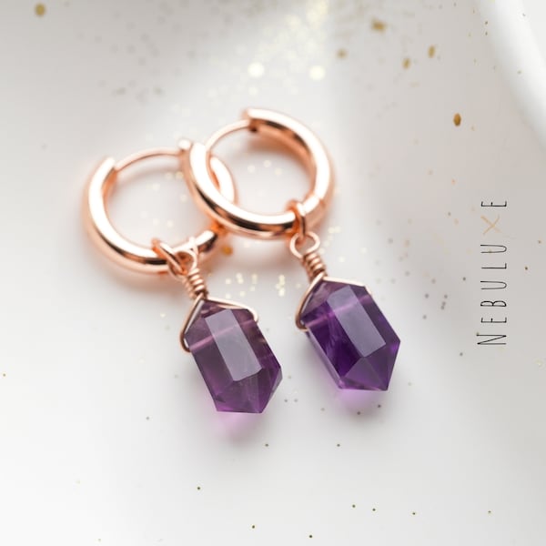Amethyst Hoop Earrings, February Birthstone, Crystal Hoop Earrings, February Birthday Gift, 6th Anniversary Gift, Amethyst Jewellery
