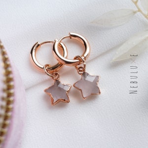 Rose Quartz Earrings, Rose Gold Earrings, Star Earrings, Charm Hoop Earrings, Crystal Earrings, Huggie Hoop Earrings, Rose Quartz Jewelry