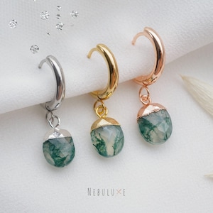 Moss Agate Earrings, Gold Hoop Earrings, Moss Agate Jewelry, Huggie Hoop Earrings With Charm, Handmade Crystal Earrings
