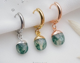 Moss Agate Earrings, Gold Hoop Earrings, Moss Agate Jewelry, Huggie Hoop Earrings With Charm, Handmade Crystal Earrings