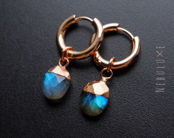 Labradorite Hoop Earrings, Silver Gold Hoop Earrings, Labradorite Jewelry, Huggie Earrings With Charm, Crystal Earrings