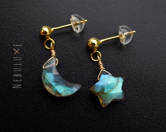 Labradorite Stud Earrings, Star and Moon Earrings, Celestial Earrings, Crystal Stud Earrings, Labradorite Jewellery, Bridesmaid Jewelry