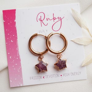 Ruby Star Earrings, July Birthstone, Crystal Hoop Earrings, Ruby Necklace, Summer Jewelry, Celestial Gifts, July Birthday Gift