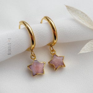 Pink Opal Earrings, October Birthstone, Star Earrings, Gold Hoop Earrings, Crystal Earrings, Huggie Hoop Earrings, Opal Jewelry