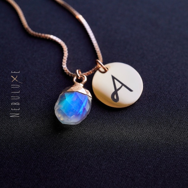 Collana con pietra di nascita e iniziale di giugno, collana con pietra di luna, collana con monogramma, regalo di gioielli pesonalizzati, gioielli con pietra di luna arcobaleno