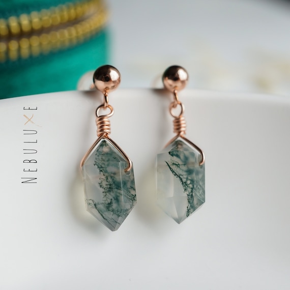 Moss Agate Earrings, Crystal Earrings, Moss Agate Jewelry, Unique Earrings, Boho Crystal Earrings, Moss Agate, Green Earrings