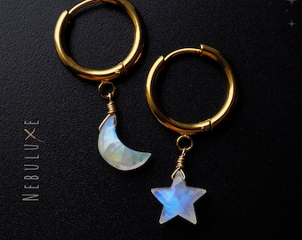 Moonstone Hoop Earrings, Moon and Star Earrings, Celestial Jewelry, Rainbow Moonstone Earrings, 3rd Anniversary Jewelry Gift, June Birthday