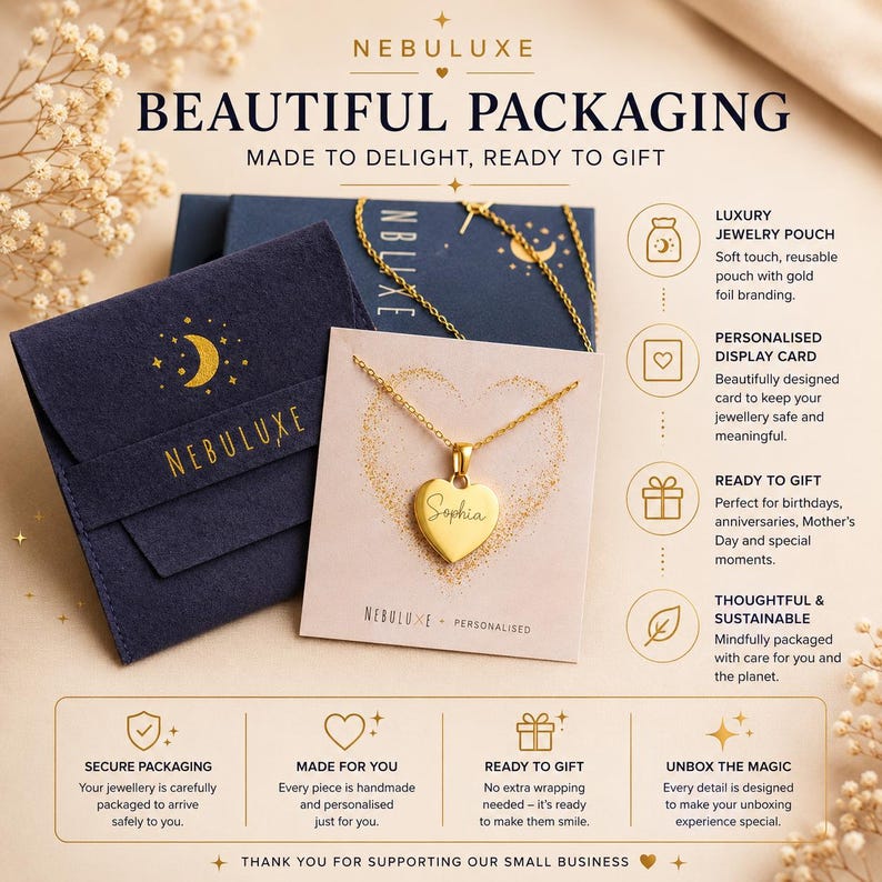 May include: A gold-colored heart-shaped pendant necklace with the name Sophia engraved on the front, displayed on a card with a gold heart graphic. Includes a dark blue velvet pouch with gold moon and star icons and the brand name NEBULUXE.