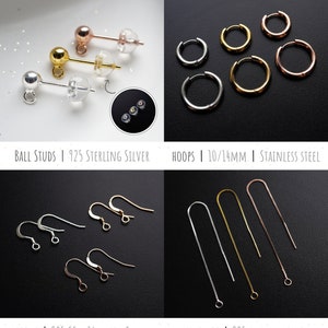 May include: Assortment of earring findings in silver, gold, and rose gold.  Includes ball studs, hoops, hooks, and threaders.  The text on the image reads: "BALL STUDS | 925 STERLING SILVER", "HOOPS | 10/14MM | STAINLESS STEEL", "HOOKS | 925 SS | 14K GOLD FILLED", and "THREADERS | 925 STERLING SILVER".
