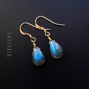 Labradorite Teardrop Earrings • Dangle Gold Earrings • Crystal Drop Earrings Sterling Silver • Zodiac Earrings