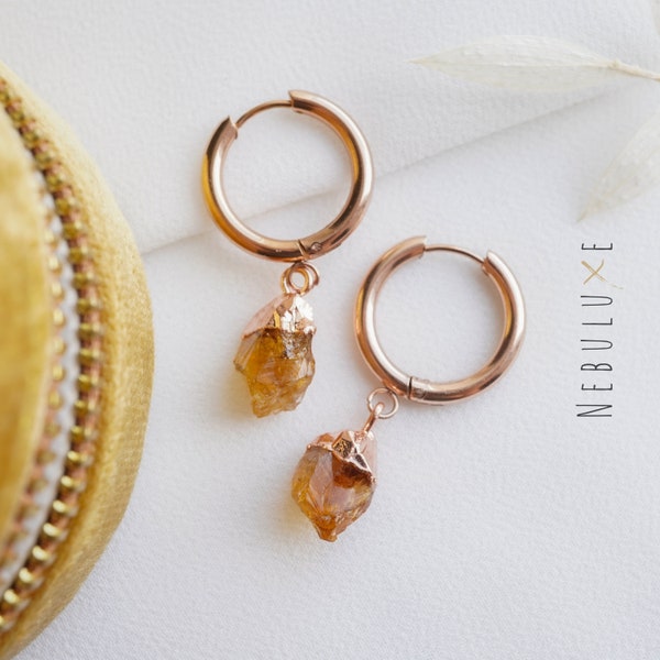 Citrine Earrings, November Birthstone, Raw Crystal Earrings, Gold Hoop Earrings, Citrine Jewelry, Birthstone Huggie Hoop Earrings