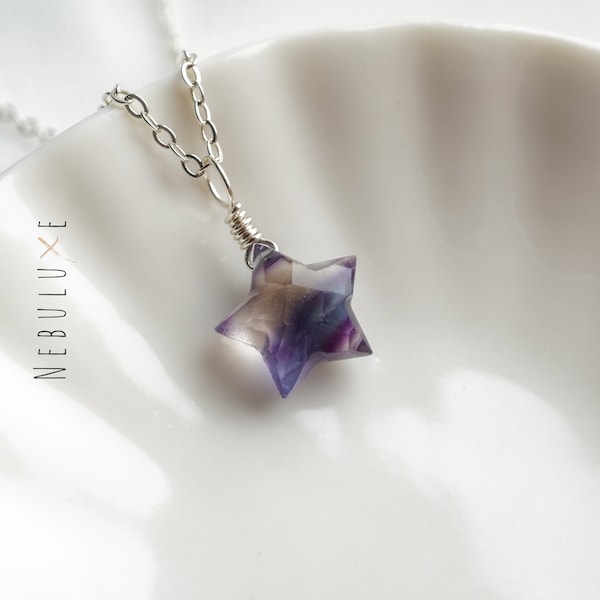 Collier étoile en fluorite • Pendentif étoile • Collier avec pierres de naissance • Collier Poissons • Bijoux en fluorite arc-en-ciel • Bijoux célestes