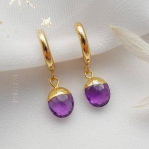 Amethyst Hoop Earrings, February Birthstone, Birthstone Earrings, Rose Gold Hoop Earrings, Amethyst Jewelry, Charm Huggie Earrings