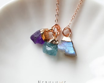 Aquarius Zodiac Necklace, January February Birthstone Jewelry, Amethyst Aquamarine Labradorite Necklace, Raw Crystal Necklace