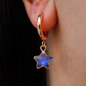 Labradorite Hoop Earrings, Star Earrings, Charm Hoop Earrings, Crystal Earrings, Huggie Hoop Earrings, Celestial Earrings