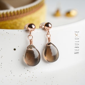 Op de afbeelding: Oorbellen met rose gouden oorbelsteentjes en rookkwarts druppelvormige stenen. De oorbellen zijn simpel en elegant, perfect voor dagelijks gebruik.