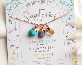 Sagittarius Zodiac Necklace, November December Birthstone Jewelry, Turquoise Tanzanite Citrine Necklace, Raw Crystal Necklace