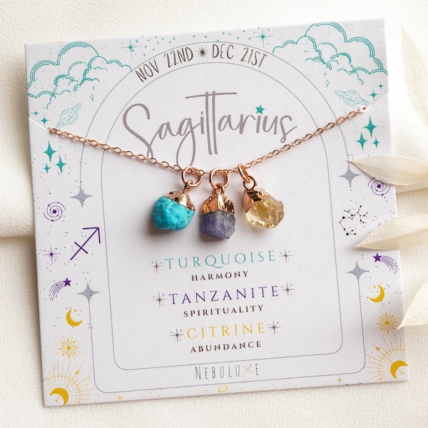 Sagittarius Zodiac Necklace, November December Birthstone Jewelry, Turquoise Tanzanite Citrine Necklace, Raw Crystal Necklace