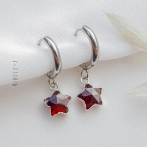 Garnet Earrings, January Birthstone, Star Earrings, Rose Gold Hoop Earrings, Crystal Earrings, Huggie Hoop Earrings, Garnet Jewelry