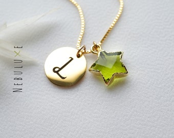 Peridot Necklace, August Birthstone and Initial Necklace, Personalized Jewelry Gift, Star Necklace, Leo Zodiac Gifts, Celestial Jewelry