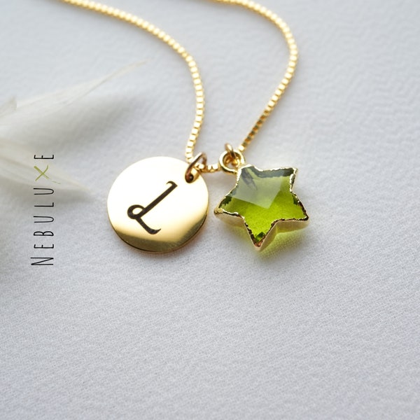Peridot Necklace, August Birthstone and Initial Necklace, Personalized Jewelry Gift, Star Necklace, Leo Zodiac Gifts, Celestial Jewelry
