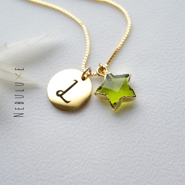 Collar de peridoto, piedra de nacimiento de agosto y collar inicial, regalo de joyería personalizado, collar de estrellas, regalos del zodíaco Leo, joyería celestial