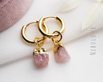 Rose Quartz Earrings, Raw Crystal Earrings, Gold Silver Hoop Earrings, Rose Quartz Jewelry, Huggie Earrings, Raw Stone Earrings