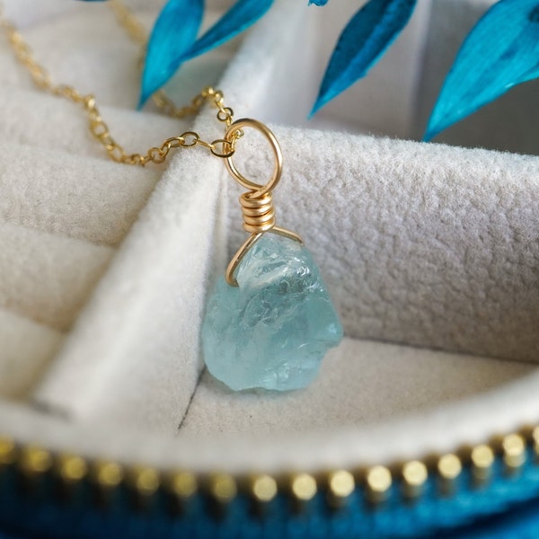 Raw Aquamarine Necklace • March Birthstone Necklace • Raw Crystal Necklace • 14k Gold Filled Gemstone Necklace