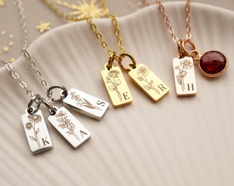 Tiny Birth Flower Necklace, Gold Multiple Birthflower Pendant, Custom Initial Jewelry, Mothers Day Gift for Mom, Dainty Gold Jewelry For Her