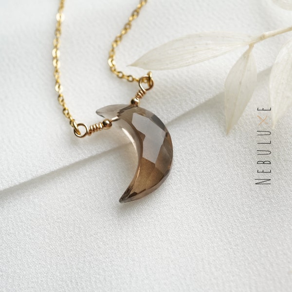 Smoky Quartz Necklace • April Birthstone Necklace • Crescent Moon Pendant • Quartz Jewelry • Capricorn Necklace • Celestial Jewelry