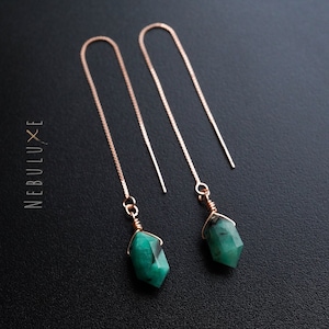 Emerald Threader Earrings, May Birthstone, Emerald Earrings, Rose Gold Threader Earrings, Pull Through Earrings, Long Chain Earrings
