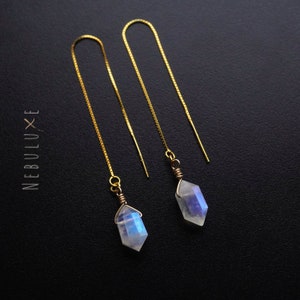 Moonstone Threader Earrings, June Birthstone, Gold Hoop Earrings, Rainbow Moonstone Earrings, Pull Through Earrings, Long Chain Earrings