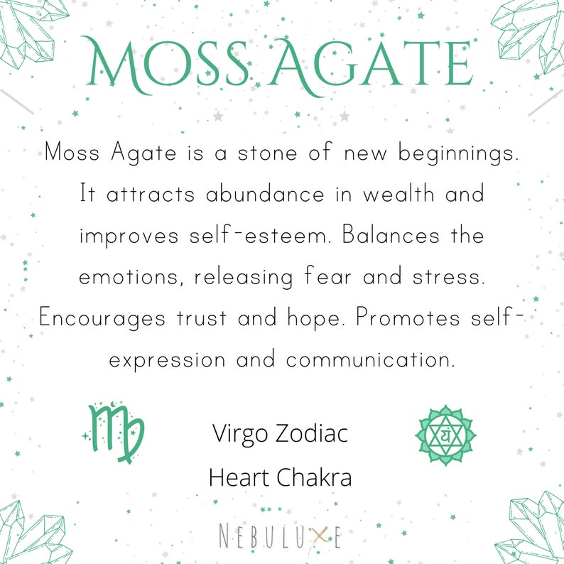 May include: Green and white graphic with the text "MOSS AGATE" in large green letters. The text below describes the stone's properties, including its association with new beginnings, abundance, self-esteem, and the heart chakra. The Virgo zodiac symbol is also included.