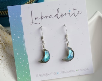 Blue Labradorite Earrings, Cresent Moon Earrings, Christmas Earrings, Celestial Earrings, Crystal Earrings, Labradorite Jewellery