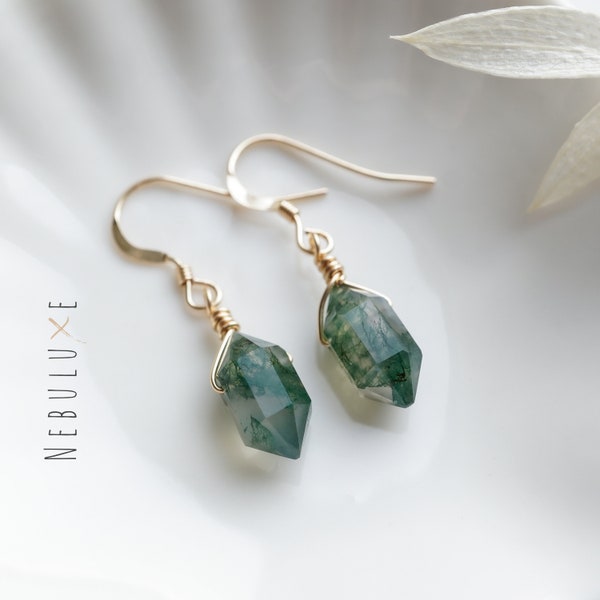 Moss Agate Earrings, Crystal Hoop Earrings, Gold Hoop Earrings, Threader Earrings, Huggie Earrings, Moss Agate Jewellery, Unique Earrings