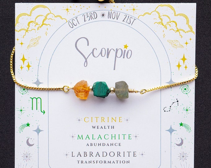 Scorpio Zodiac Bracelet, Gold Slider Bracelet, Adjustable Gemstone Bracelet, November Birthday Gift, Citrine Malachite Labradorite Bracelet
