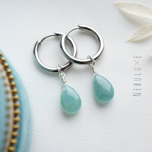 Aquamarin Creolen, März Geburtsstein Schmuck, Aquamarin Schmuck, Geburtsstein Ohrringe, Crystal Creolen, Aquamarin Halskette