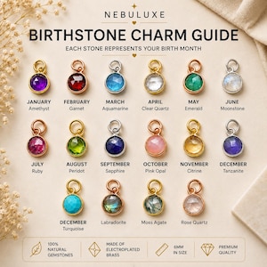 May include: A birthstone charm guide by Nebuluxe featuring eighteen round, faceted gemstone charms in gold and silver settings. Each charm is labeled with its corresponding month and stone name, including amethyst, garnet, aquamarine, quartz, emerald, moonstone, ruby, peridot, sapphire, opal, citrine, tanzanite, turquoise, labradorite, moss agate, and rose quartz. The guide specifies 6mm in size.