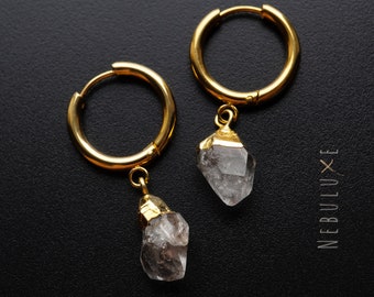 Herkimer-diamantenoorbellen, geboortesteen april, ruwe kristallen oorbellen, zilver-gouden oorringen, diamanten sieraden, Huggie-oorbellen