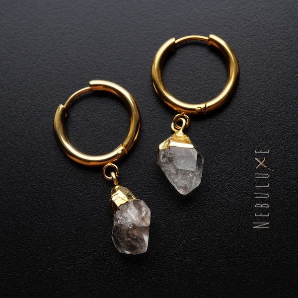Boucles d'oreilles diamant Herkimer, pierre de naissance d'avril, boucles d'oreilles en cristal brut, créoles en argent et or, bijoux en diamant, boucles d'oreilles Huggie
