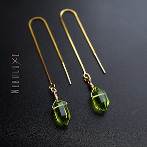 Peridot Threader Earrings, August Birthstone Earrings, Gold Hoop Earrings, Threader Earrings, Pull Through Earrings, Long Chain Earrings