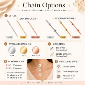 Peut inclure: Un graphique informatif intitul&eacute; Chain Options pr&eacute;sentant des cha&icirc;nes &agrave; maillons carr&eacute;s de 1,2 mm et des cha&icirc;nes perl&eacute;es en argent, or et or rose. Il indique des mat&eacute;riaux en acier inoxydable, des longueurs de 16 et 18 pouces avec rallonges de 2 pouces, et un guide visuel de superposition montrant des colliers de 16, 18 et 20 pouces.