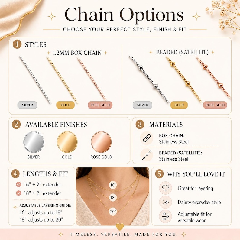 Peut inclure: Un graphique informatif intitul&eacute; Chain Options pr&eacute;sentant des cha&icirc;nes &agrave; maillons carr&eacute;s de 1,2 mm et des cha&icirc;nes perl&eacute;es en argent, or et or rose. Il indique des mat&eacute;riaux en acier inoxydable, des longueurs de 16 et 18 pouces avec rallonges de 2 pouces, et un guide visuel de superposition montrant des colliers de 16, 18 et 20 pouces.