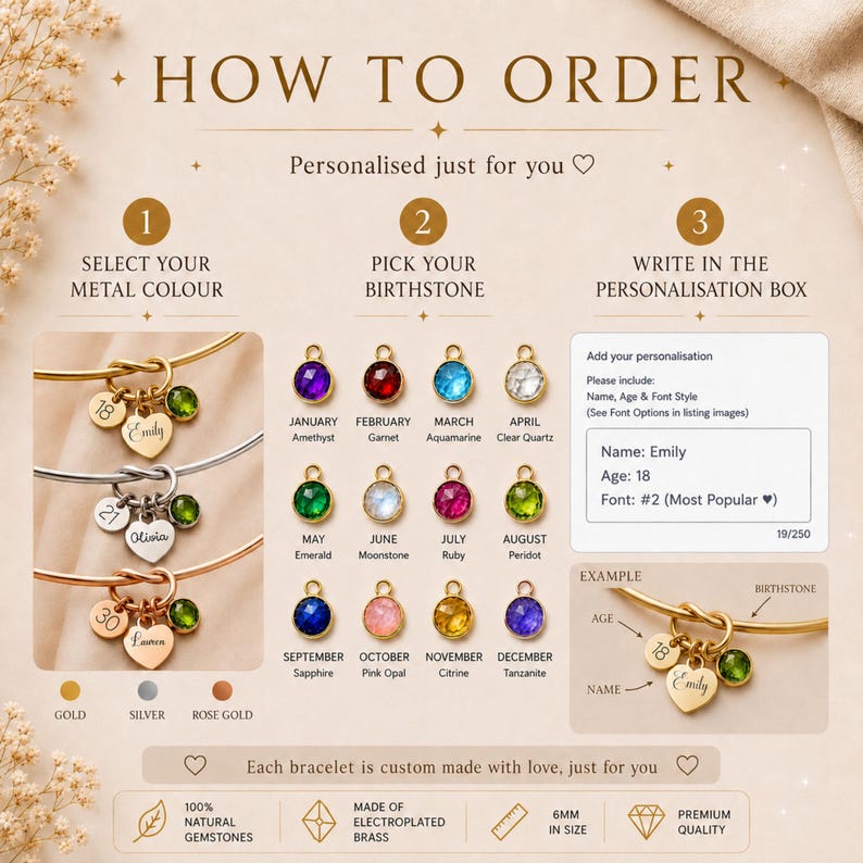 May include: An instructional graphic for ordering custom jewelry, featuring three gold, silver, and rose gold bangles with heart-shaped name charms, age discs, and birthstone charms. It includes a birthstone chart, a personalization text box example, and icons indicating 6mm gemstone size, electroplated brass material, and natural gemstones.