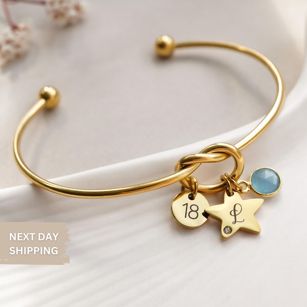 18th Birthday Initial Bracelet, 16th 21st 25th 30th Birthday Gifts, Custom Bangle Bracelet, Personalised Gift For Mum Nana, May Birthday