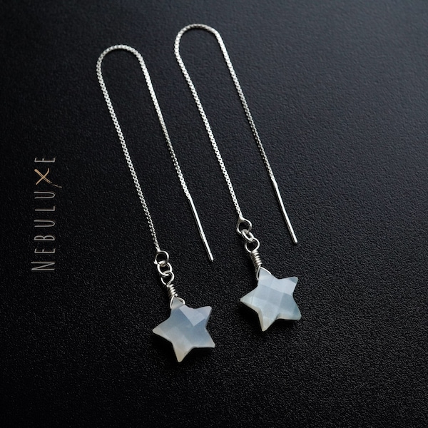 Star Threader Earrings, Chain Earrings, Silver Threader Earrings, Charm Hoop Earrings, Pull Through Earrings, Moonstone Earrings