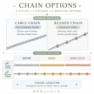 May include: An informational graphic titled CHAIN OPTIONS displaying two styles: a cable chain and a beaded chain. It shows three colour options: silver, gold, and rose gold. The text indicates lengths available in 16-18 inches or 18-20 inches with a 2-inch extender.