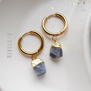 Sapphire Earrings, September Birthstone, Raw Crystal Earrings, Silver Gold Hoop Earrings, Sapphire Jewelry, Charm Huggie Earrings