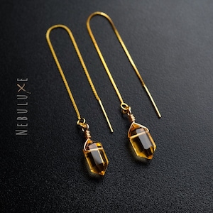 Citrine Threader Earrings, November Birthstone, Crystal Hoop Earrings, Threader Earrings, Pull Through Earrings, Long Chain Earrings